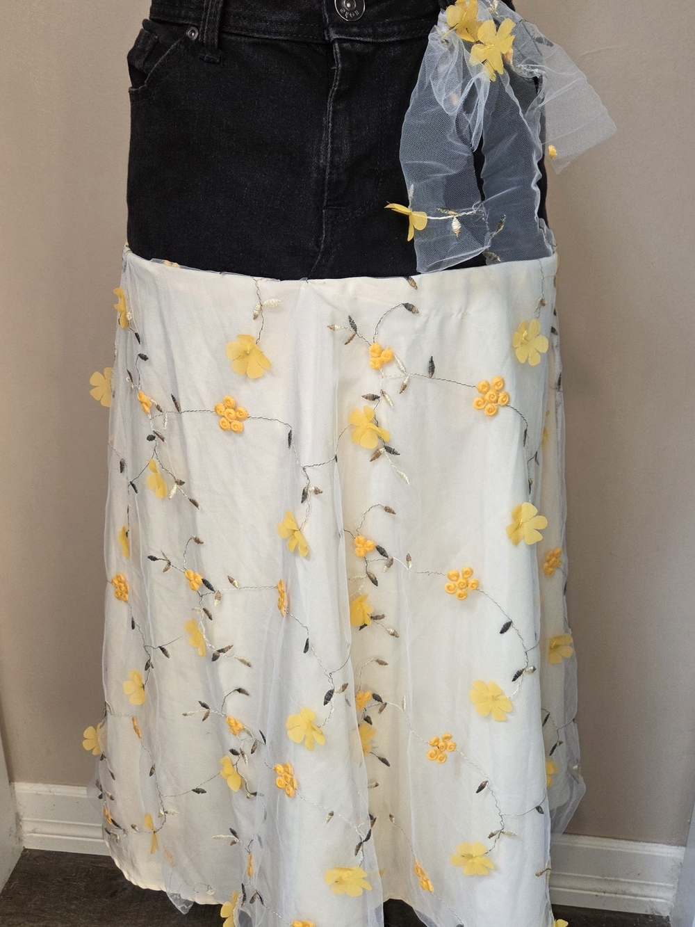 Refashioned One Of A Kind Ivory Maxi Skirt with Yellow Floral Appliqués